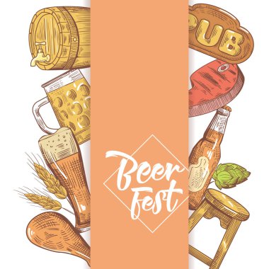 Bira Festivali el çekilmiş menü, Poster, afiş. Bira kroki tarzı Doodle. Vektör çizim