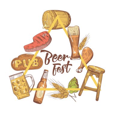 Bira Festivali el tasarım Poster, afiş için çekilmiş. Bira kroki tarzı Doodle. Vektör çizim