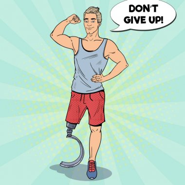 Pop Art devre dışı bacak protezi olan adam. Özürlüler spor. Paralimpik atlet. Vektör çizim