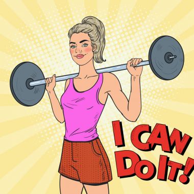 Barbell ile spor salonunda sanat güçlü kadın pop. Kadın atlet. Güzellik kız egzersiz egzersiz. Vektör çizim
