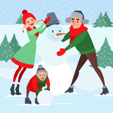 Mutlu aile yapma kardan adam. Kış tatili. Noel zamanı. Vektör çizim