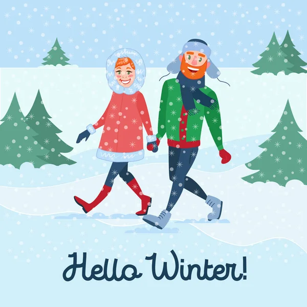 Happy Couple en vacances d'hiver. Homme et femme tenant la main et appréciant les chutes de neige. Noël. Illustration vectorielle — Image vectorielle