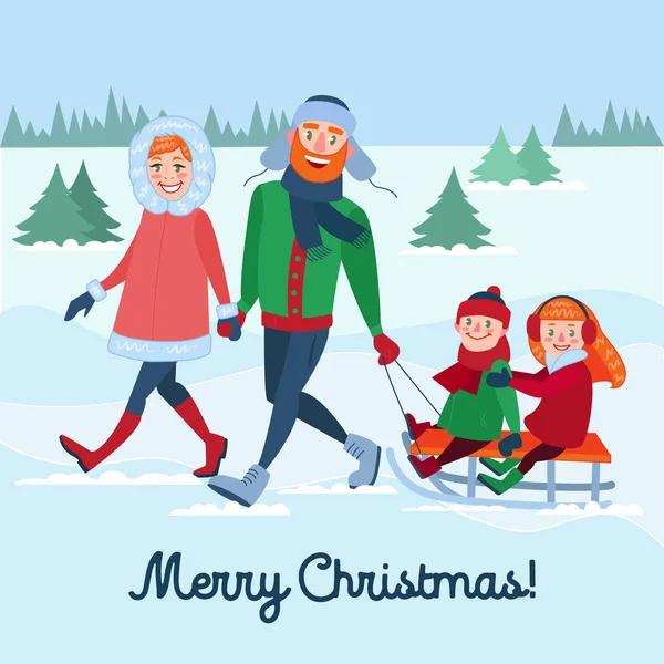 在冬季假期幸福的家庭。父母与孩子滑雪橇。圣诞快乐时间。矢量图 — 图库矢量图片