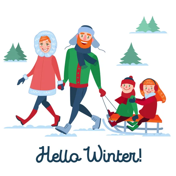 Boldog család a téli ünnepek. Szülők, gyerekek, szánkózás. Hello téli szezonban. Vektoros illusztráció — Stock Vector
