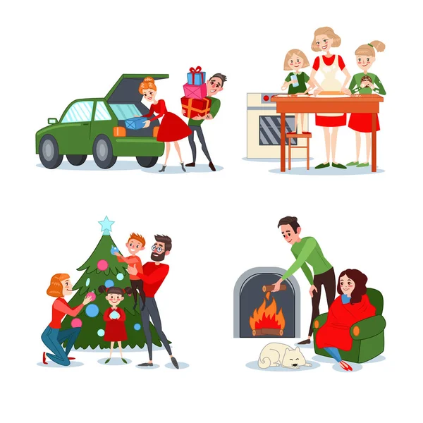 크리스마스 가족 장면입니다. 커플 선물 상자. 딸과 어머니 Bakes 크리스마스 쿠키입니다. 전나무를 장식 하는 아이 들과 부모입니다. 소년 그리고 벽난로 근처 여자입니다. 벡터 일러스트 레이 션 — 스톡 벡터