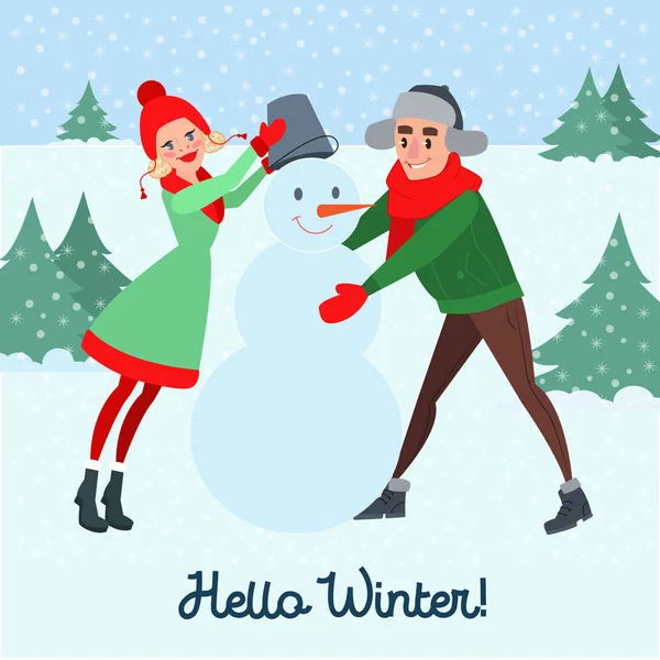 Couple heureux faisant bonhomme de neige. Bonjour Winter. Noël. Illustration vectorielle — Image vectorielle