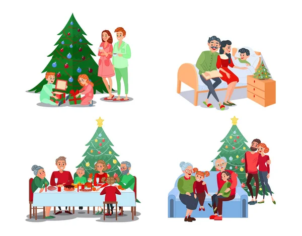 Escenas familiares de Navidad. Niños abren regalos. Cena de Navidad familiar.  Abuelos con nietos. Ilustración vectorial vector, gráfico vectorial ©  vectorlab imagen #168091914