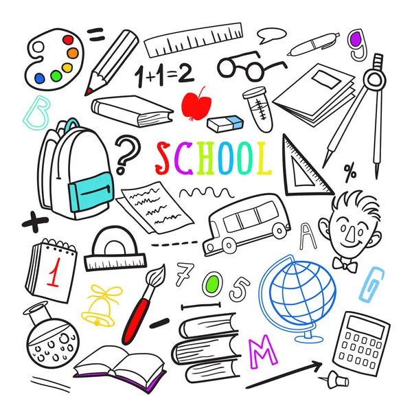 Terug naar School Hand getrokken Doodle. Onderwijs-elementen instellen. Vectorillustratie — Stockvector