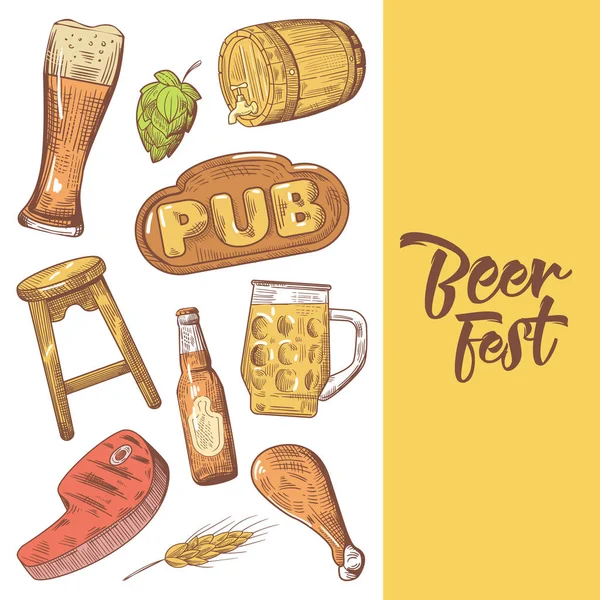 Bira Festivali elle çizilmiş reklam, Poster, afiş. Bira kroki tarzı Doodle. Vektör çizim