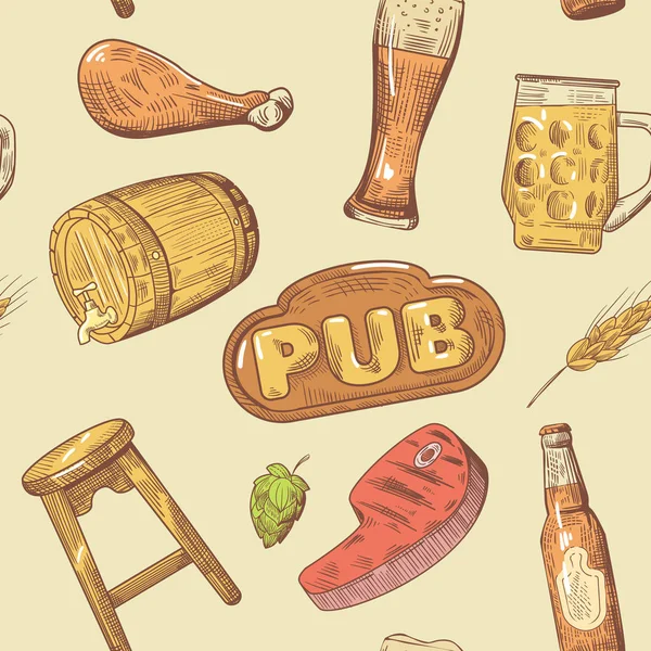 Cerveja Pub mão desenhada padrão sem costura. Contexto da cervejaria. Modelo de menu de restaurante. Ilustração vetorial —  Vetores de Stock