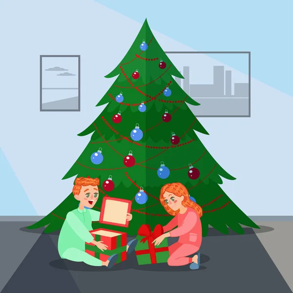 Szczęśliwy Kids otwiera prezenty świąteczne. Ferie zimowe. Ilustracja wektorowa — Wektor stockowy