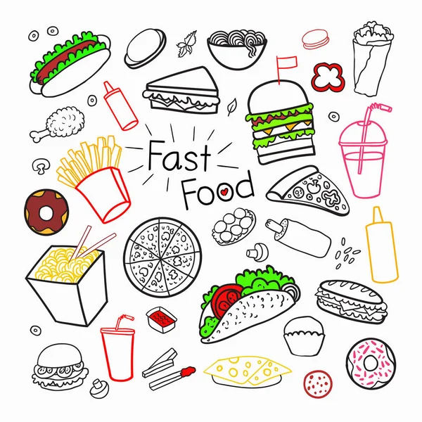 Fast Food Hand Drawn Elements Set with Burgers, Pizza and Fries (dalam bahasa Inggris). Makan tidak sehat. Ilustrasi vektor - Stok Vektor