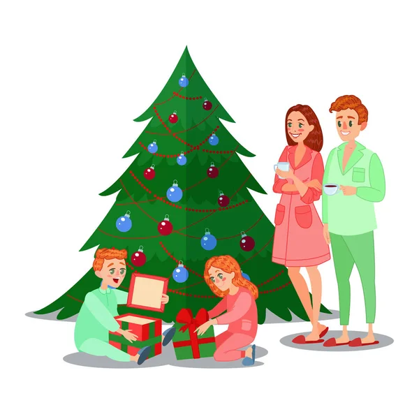 Crianças Abre Presentes de Natal. Boas Festas de Inverno em Família. Ilustração vetorial — Vetor de Stock