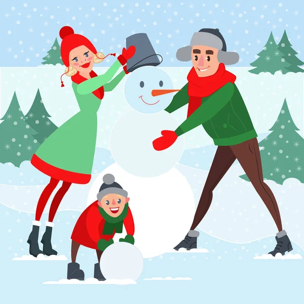 Happy Family Making Snowman. Vacances d'hiver. Noël. Illustration vectorielle — Image vectorielle