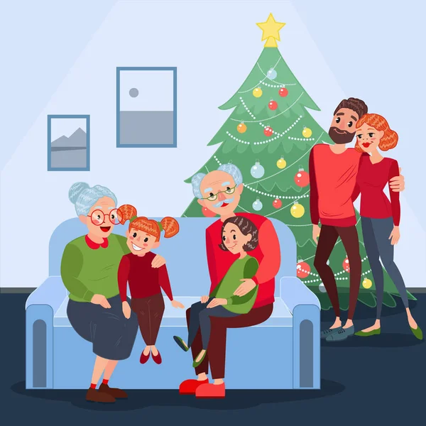 Счастливая семья празднует Рождество. Бабушка и дедушка с внуками в канун Нового года. Зимние каникулы. Векторная иллюстрация — стоковый вектор