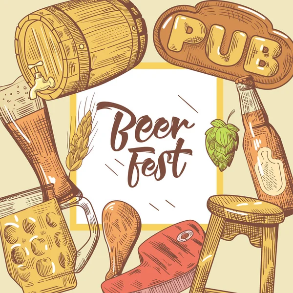 Bira Festivali elle çizilmiş reklam, Poster, afiş. Bira kroki tarzı Doodle. Vektör çizim
