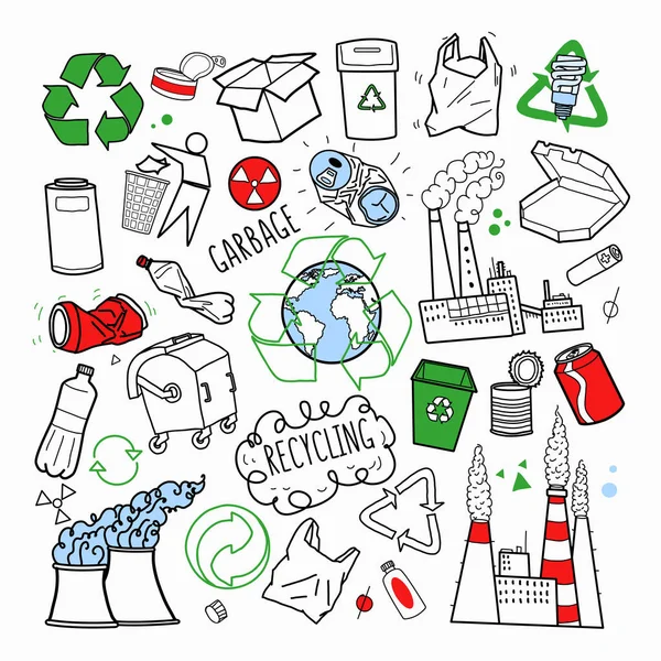 Indústria de Ecologia e Reciclagem Doodle desenhado à mão. Ambiental, Energia, Poluição. Ilustração vetorial —  Vetores de Stock