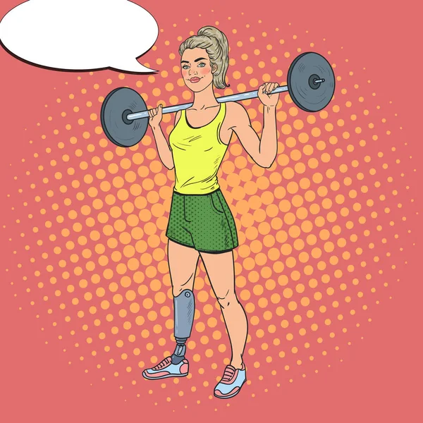 Mujer con discapacidad de arte pop con prótesis de pierna en el gimnasio. Deporte para discapacitados. Atleta paralímpico. Ilustración vectorial — Vector de stock