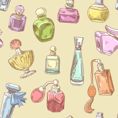 Parfüm şişeleri çizilmiş sorunsuz arka plan ver. Fransız Aroma desen. Kadın Güzellik Salonu tasarım. Vektör çizim