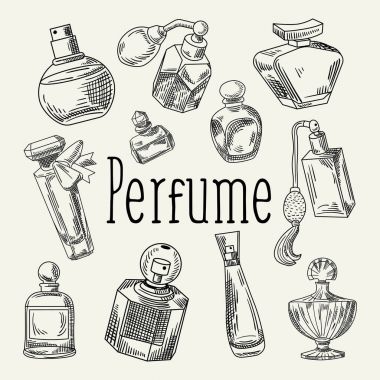 Parfüm şişeleri el çizilmiş Doodle. Fransız Aroma. Kadın Güzellik Salonu kroki. Vektör çizim