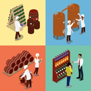 İzometrik şarap üretimi sanayi. Şarap yapımı kavramı ve mağaza. Vektör düz 3d çizim