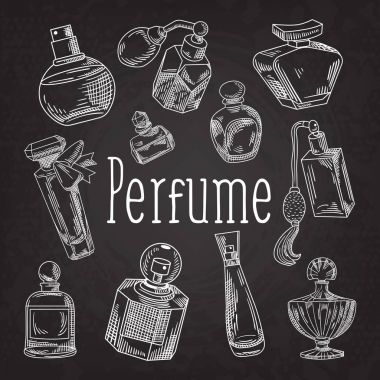 Parfüm şişeleri el çizilmiş Doodle. Fransız Aroma. Kadın Güzellik Salonu kroki. Vektör çizim