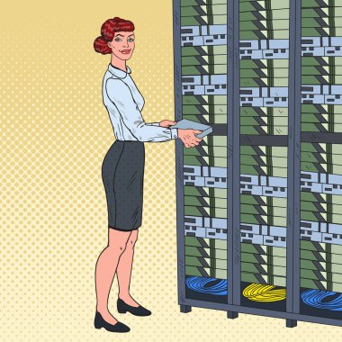 Donanım Veri Merkezi Sanat ağ kadın mühendisi baba. Technicianin yapı sunucu veritabanı. Vektör çizim