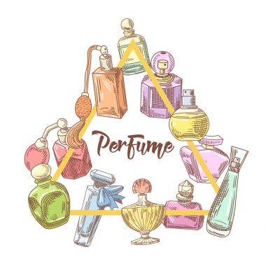 Parfüm şişeleri el çizilmiş Doodle. Fransız Aroma. Kadın güzellik. Vektör çizim