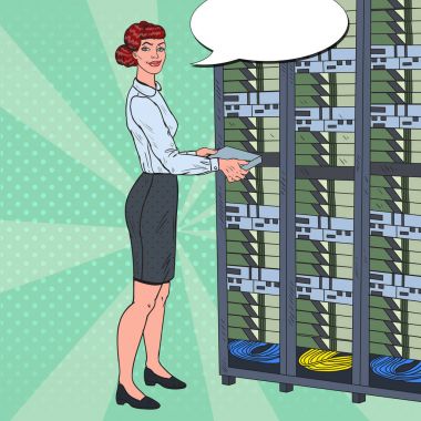 Donanım veri merkezi ile çalışan sanat ağ kadın mühendisi baba. Technicianin yapı sunucu veritabanı. Vektör çizim