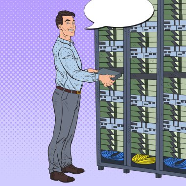 Donanım veri merkezi ile çalışan sanat ağ mühendisi baba. Technicianin yapı sunucu veritabanı. Vektör çizim