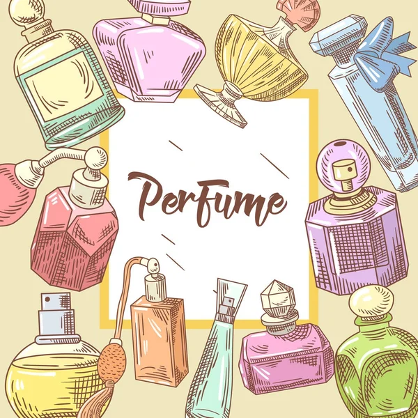 Parfüm şişeleri el çizilmiş Doodle. Fransız Aroma. Kadın Güzellik Salonu tasarım. Vektör çizim