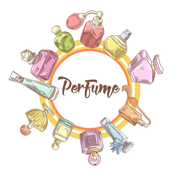 Botellas de Perfume Doodle Dibujado a Mano. Aroma francés. Mujer Beauty Shop Design. Ilustración vectorial — Vector de stock