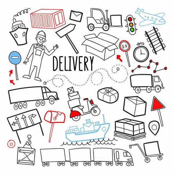 Consegna merce Spedizione Doodle disegnato a mano. Elementi dell'industria logistica. Trasporti, container, servizio di consegna. Illustrazione vettoriale — Vettoriale Stock