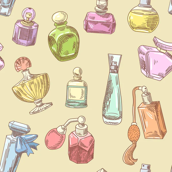 Parfüm şişeleri çizilmiş sorunsuz arka plan ver. Fransız Aroma desen. Kadın Güzellik Salonu tasarım. Vektör çizim
