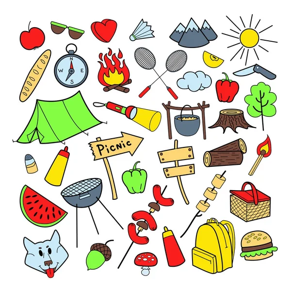 Picknick handgezeichnetes Doodle. Aktivitäten im Freien. Essen, Natur, camping Elemente. Vektorillustration — Stockvektor