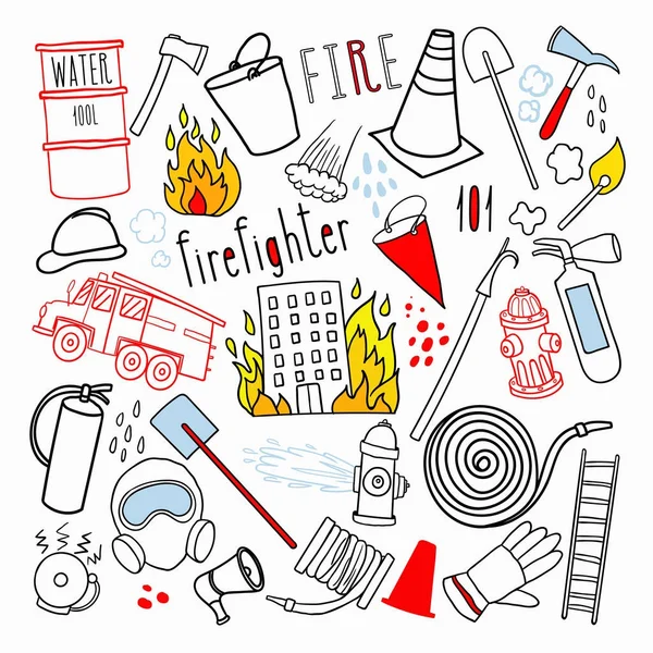 Doodle disegnato a mano antincendio. Vigile del fuoco, pompiere, elementi di emergenza impostati. Illustrazione vettoriale — Vettoriale Stock