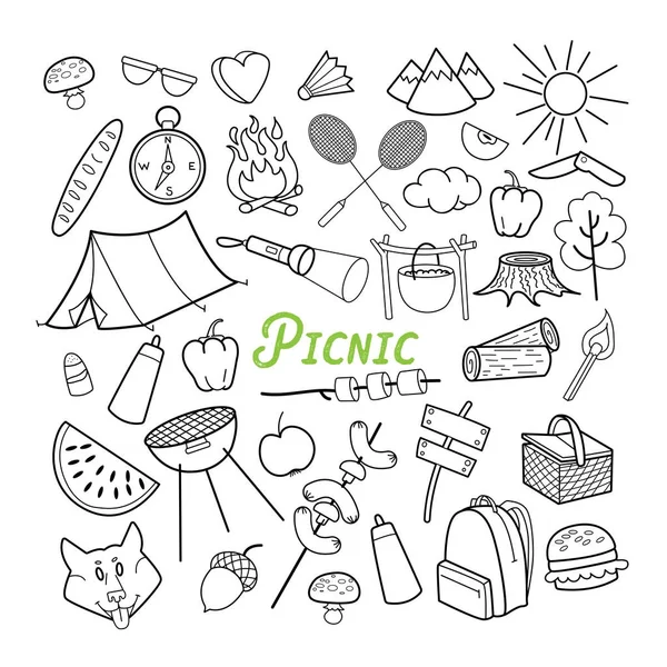 Picknick handgezeichnetes Doodle. Aktivitäten im Freien. Essen, Natur, Zelten umrissene Elemente. Vektorillustration — Stockvektor