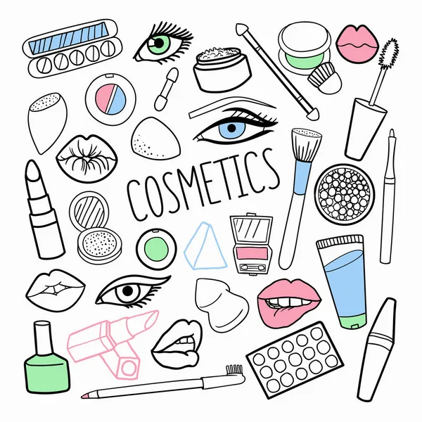 Cosmetica Make-up Hand getrokken elementen instellen. Vrouw schoonheid Doodle. Vectorillustratie — Stockvector