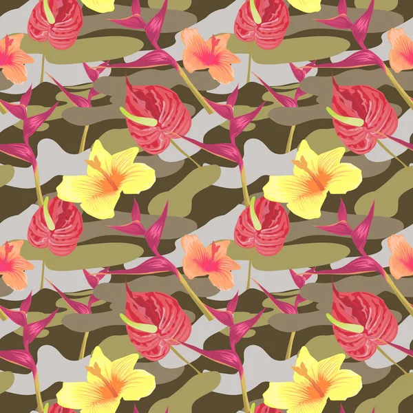 Modello militare senza cuciture con fiori tropicali. Sfondo mimetico. Camo Fashion Texture. Uniforme dell'esercito. Illustrazione vettoriale — Vettoriale Stock