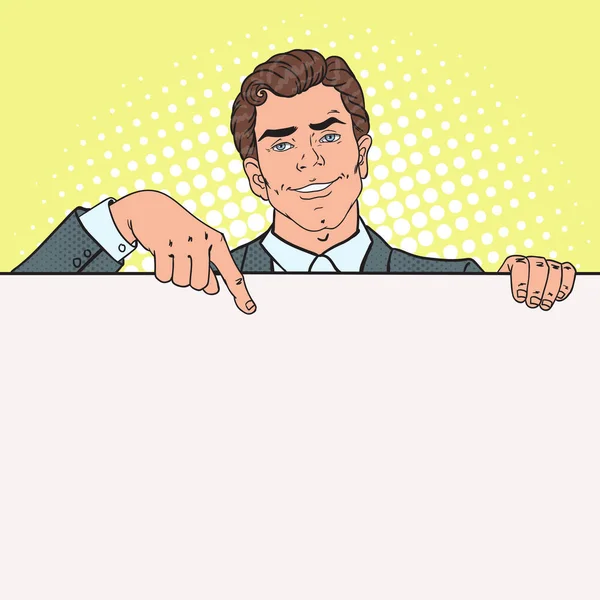 Pop Art Smiling Businessman Apinting on Blank Billboard (en inglés). Plantilla para tu anuncio. Hombre sosteniendo bandera vacía. Ilustración vectorial — Vector de stock