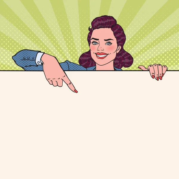 Pop Art Hermosa mujer de negocios señalando en el cartel en blanco. Plantilla para tu anuncio. Mujer sosteniendo bandera vacía. Ilustración vectorial — Vector de stock