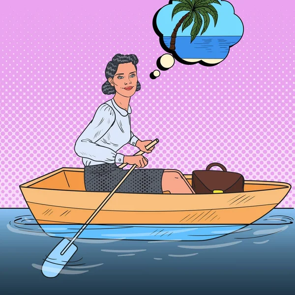 Pop Art Business Femme flottant sur un bateau pour les vacances à la plage. Échapper au travail. Illustration vectorielle — Image vectorielle
