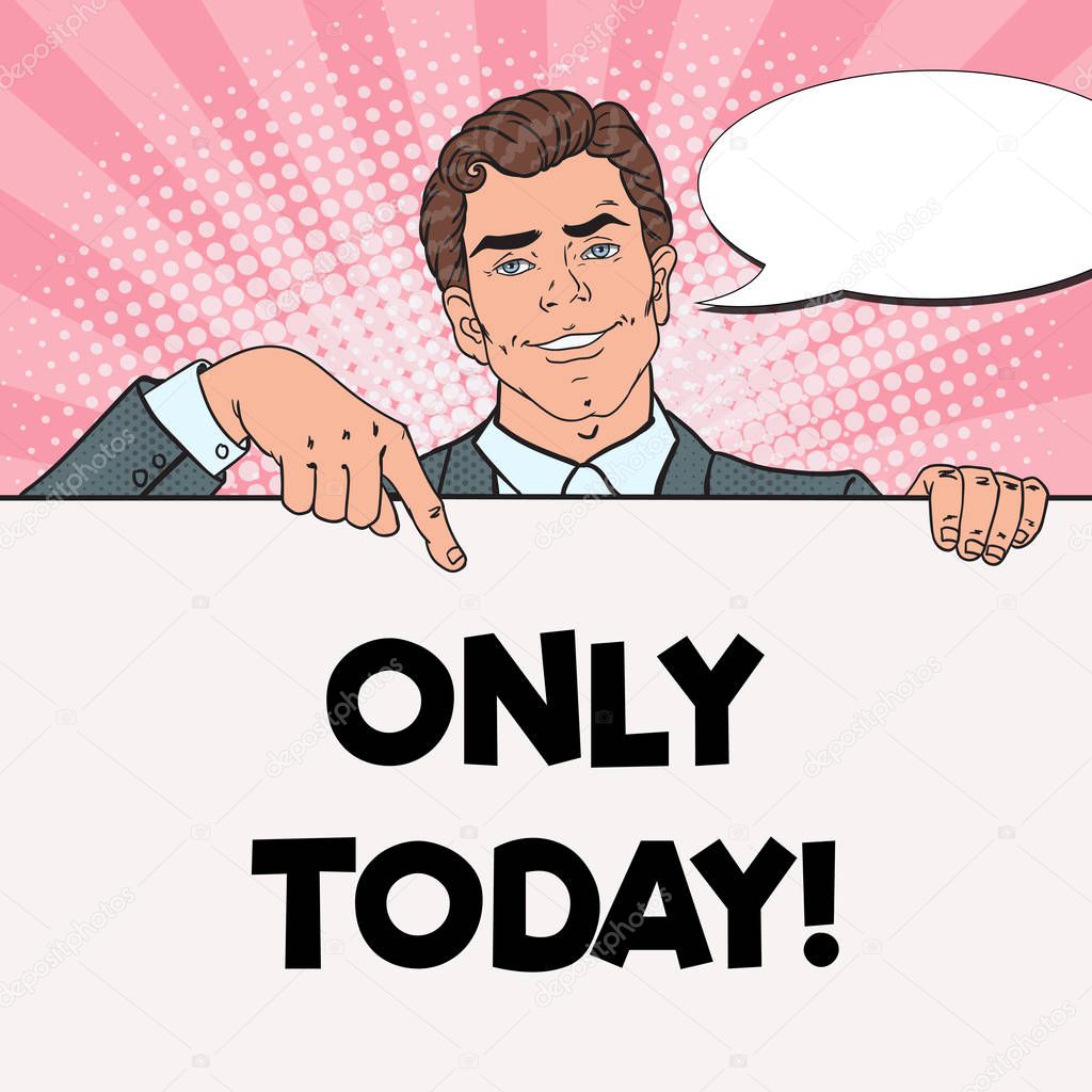 Pop Art Handsome Businessman Pointing on Blank Poster. Template for your Advertisement. Man Holding Empty Banner. Vector illustration