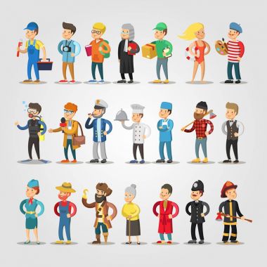Çizgi film insanlar meslekler Doktor, hakim, öğrenci, Repairer, Şef, çiftçi ile ayarlayın. Vektör çizim