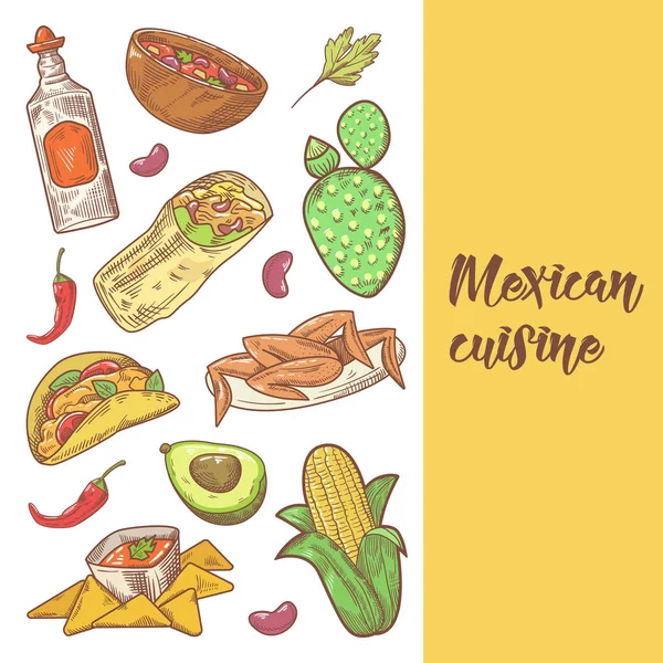 Mexické jídlo rukou nakreslené Doodle. Mexiko Menu tradiční kuchyni. Vektorové ilustrace — Stockový vektor