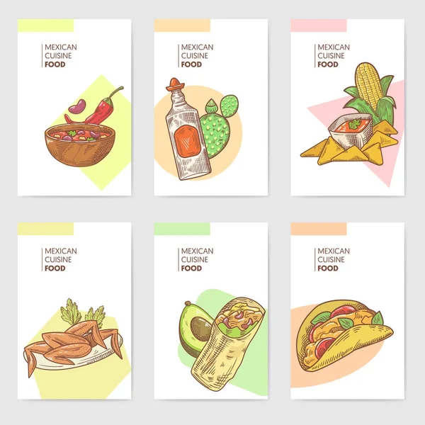 Mexicaans eten Hand getrokken Brochure sjabloon Set. Mexico traditionele keuken kaarten. Vectorillustratie — Stockvector