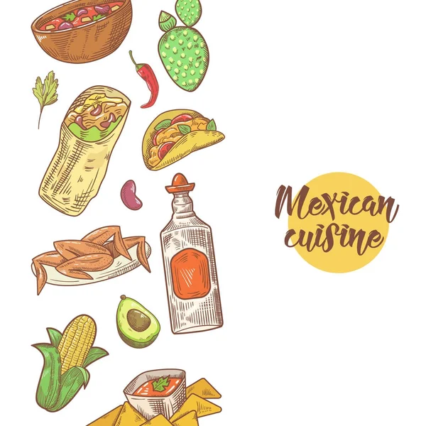 Doodle dibujado a mano de comida mexicana. Menú de Cocina Tradicional de México. Ilustración vectorial — Vector de stock