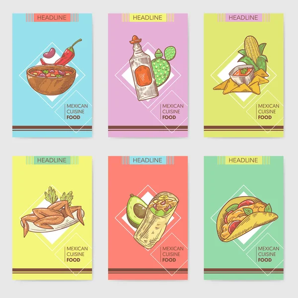 Mexické jídlo ručně kreslenou brožura šablony Set — Stockový vektor