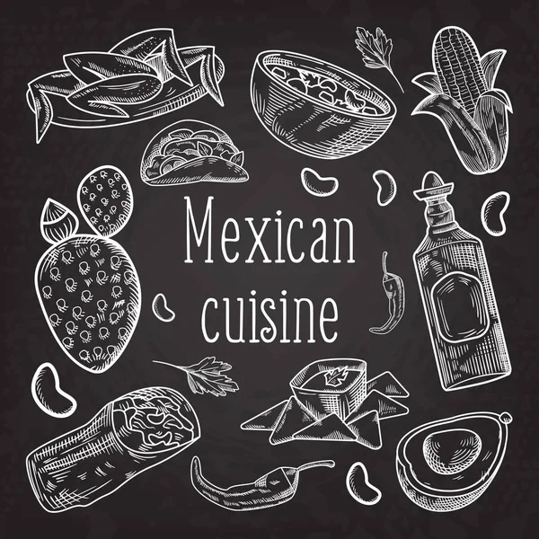 Pizarra de Doodle dibujada a mano de comida mexicana — Vector de stock