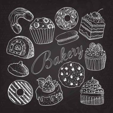 Elle çizilmiş unlu tatlılar tatlılar kara tahta Doodle. Cupcake, kurabiye, çörek, acıbadem kurabiyesi ve Muffin kümesiyle kroki. Vektör çizim